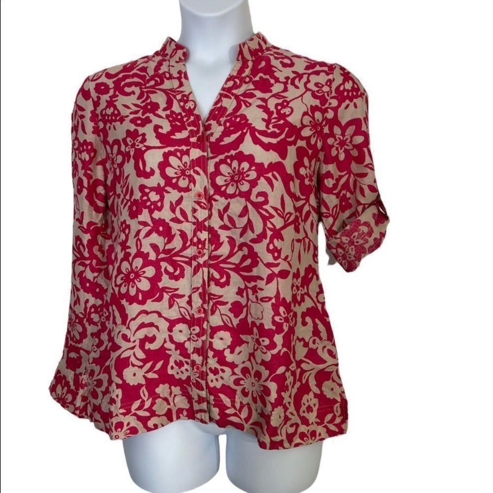 Charter Club Linen Pink Printed Long Roll-Tab Sleeve Blouse Size 12 - Picture 10 of 11